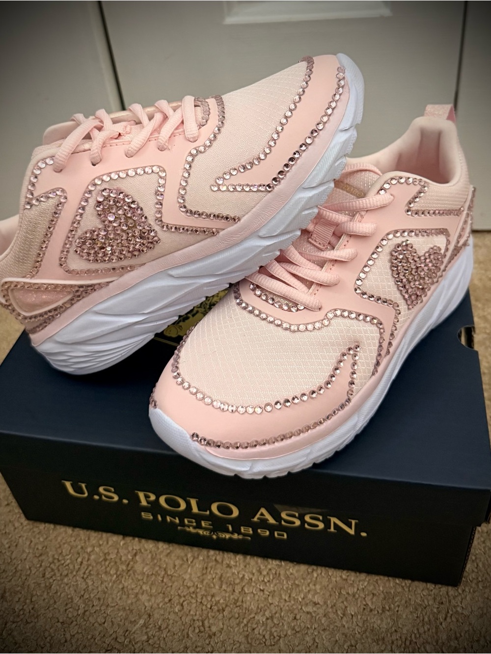 U.S. Polo Assn. Kids / Womens Blush Pink Rhinestone Heart Athletic Sneakers